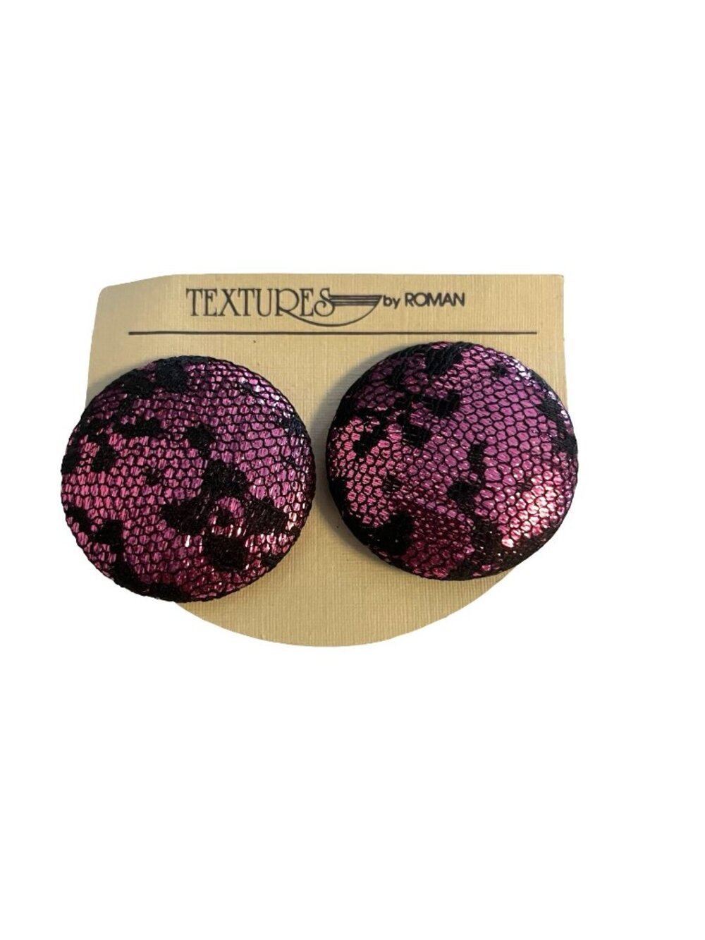 Vintage Textures by Roman Clip On Earrings Pink Black Textured Dome 1.5 Inch